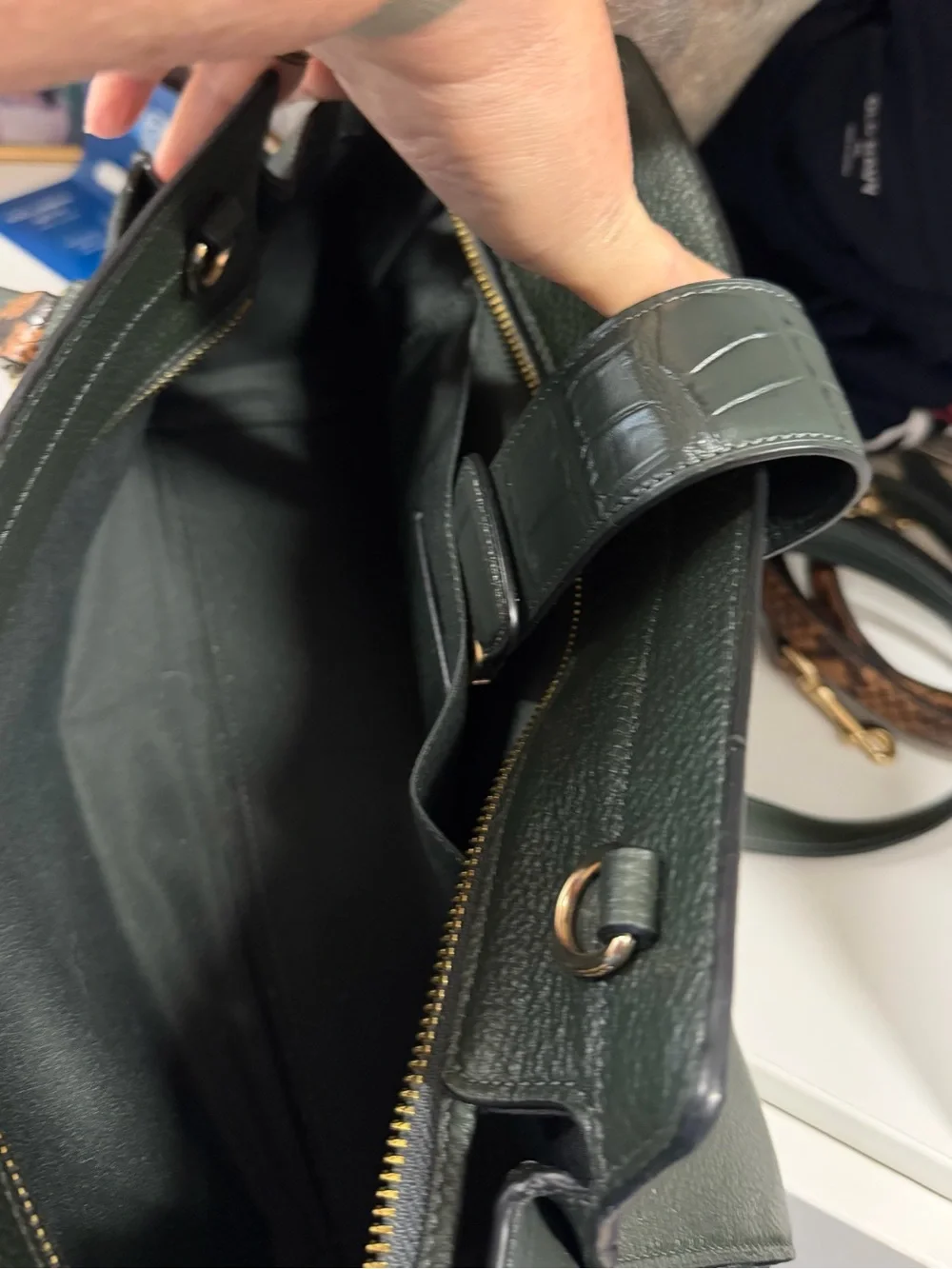 Coach Forest Green Pebbled Leather Satchel with Snake-Print Straps